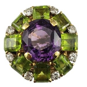14K Yellow Gold Amethyst, Diamond, & Peridot Cocktail Ring Size 7  #18857